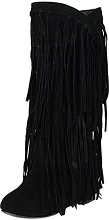 Generisch Botas con flecos para mujer, botas de vaquero para mujer, botas de invierno medianas y altas, suela plana, botines de moda para mujer, monocolor, botas de exterior, informales, cómodas