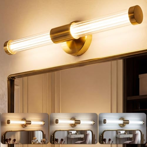 OSYNNIQ Bathroom Over Mirror Light, 12W 3 Colors Dimmable Warm LED Light Mirror Lamp IP44 Shaving& Make Up Light Above Bathrooms Picture Lights for Living Room Brass
