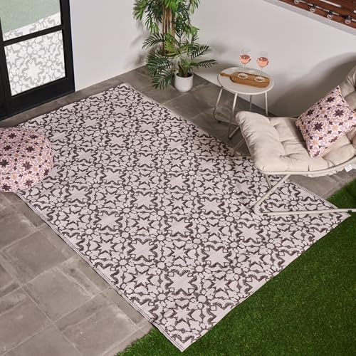 OHS Outdoor Rug Tile Print, Garden Mat Water Resistant Foldable Non Slip Large Rug Reversible Decking Tiles Outdoor Carpet Patio Rugs for Poolside Porch Picnic Camping, Natural - 160 x 230cm