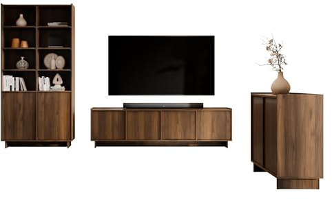 Mirjan24 Wohnzimmerset Yolkyn I, Anbauwand, Wohnzimmerschrank, Möbelset für das Wohnzimmer, griffloses Öffnungssystem, enthaltene Teile: Kommode, TV-Lowboard, Regal (Nuss Warmia)