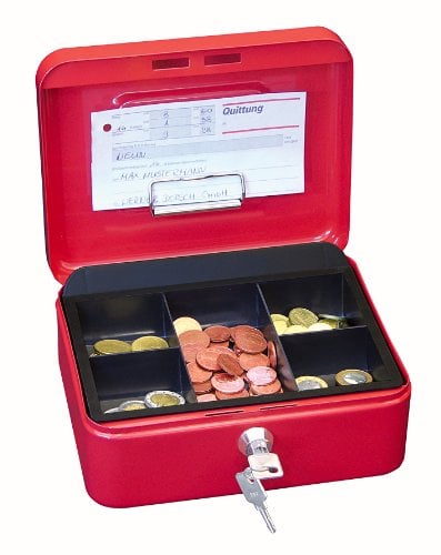 Wedo 145202H Geldkassette (aus pulverbeschichtetem Stahl, versenkbarer Griff, Geldnoten- und Belegeklammer, 5-Fächer-Münzeinsatz, Sicherheits-Zylinderschloss, 20 x 16 x 9 cm) rot