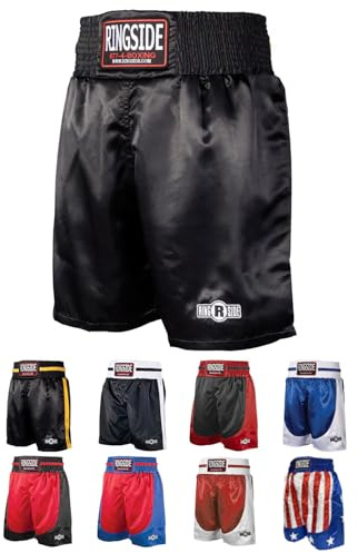 Ringside Pro-Style Boxing Trunks, Satin Shorts for Men and Women, Ideal for MMA, Muay Thai, Black, Large