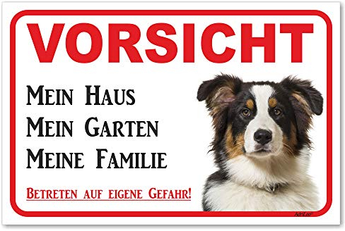 AdriLeo Schild - Vorsicht Australian Shepherd Tri-Color - Mein Haus - (20x30cm) / Aussie Achtung Hund Wachhund robust langlebig UV-beständig wetterfestes Warnschild