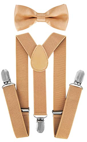 axy Hochwertige Kinder Hosenträger-Y Form mit Fliege- 3 Clips EXTRA STARK-Uni Farben (Beige)