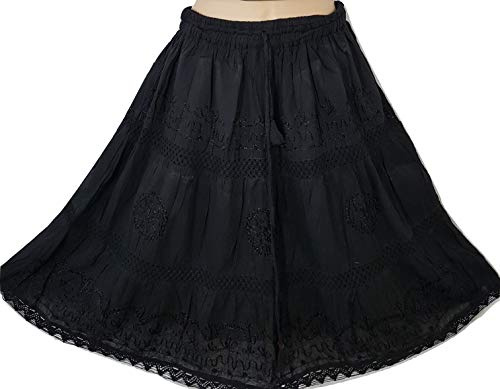 Doorwaytofashion Cotton Summer Skirt Midi Boho Hippie Crochet Lace Tiered One Size 10 12 14 16 18 (Black)