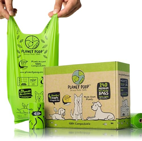 PLANET POOP Home Compostable Dog Poo Bags Extra-long with Handles 240 Biodegradable Un-Scented Pet Waste Bags Plastic Free, Thick Leakproof Plant-Based Doggy Bag Eco Cat & Dogs Earth Friendly Supplies