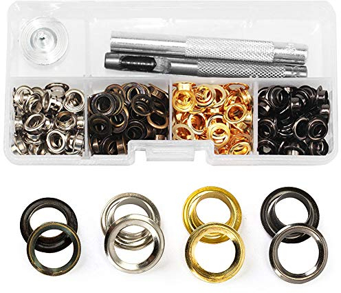 Gasea 120-Set mit Ösen, Metall, 4 Farben, mit Scheiben, 6 mm, Werkzeugset für Ösen, Nähen, mit 3 Schlemmern, Installation, Werkzeug für Kleidung, Reparatur, Leder, Basteln