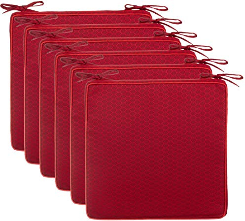 Brandsseller 6er Set Sitzkissen 40x40x4 cm – Wasser- & schmutzabweisende Stuhlkissen mit Bindebändern in Wabenstruktur – Für Innen & Außen – Garten, Terrasse, Küche – Rot
