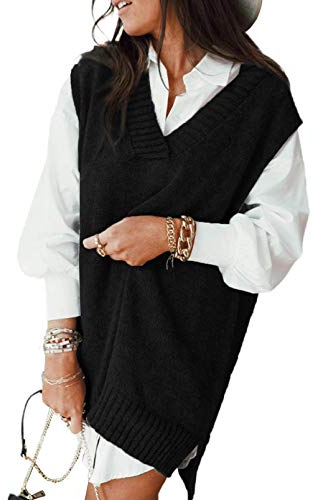 Minetom Damen V-Ausschnitt Strickweste Pullunder Ärmelloser Pullover Weste Strick Tank Top Oversize Winter Warm Sweater Streetwear B Schwarz 40