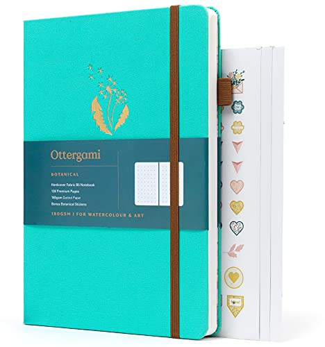 Ottergami Bullet Journal Notizbuch gepunktet - Hochwertiges, sehr dickes Papier mit 180 g/m² und 128 Seiten - Botanical Notizbuch B5 dotted Bulletjournal mit Punktraster, Stickern & Stoffeinband