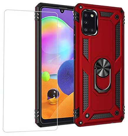 Joytag kompatibel für Samsung A31 Hülle，handyHülle+ panzerglasfolie Silikon TPU 360 Grad Drehring aus Halter magnetisch Autotelefon case-Rote