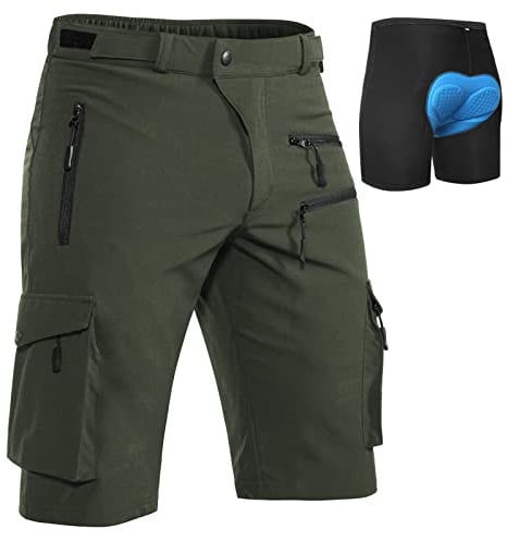 Hiauspor MTB-Hose-Herren-Kurz-Radhose-Fahrradhose-Herren Schnelltrocknend Mountainbike Hose Atmungsaktiv Radlerhose Wanderhose Cargo Trekking Bermuda für Outdoor (Grün mit Unterwäsche, 2XL)