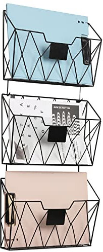 YBING Wandordner, Metall A4 Zeitschriftenhalter Wandhalter, 3 Einzelne Fächer, Dokumenten-Zeitschriftenständer, Wandmontage, Aktenregal mit Haken, Metall-Wandaufbewahrung für Büro, Schwarz