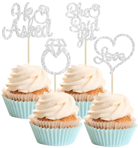 Gyufise Cupcake-Aufsätze mit silberfarbenem Glitzer, Aufschrift He Asked She Said Ye, Diamant-Ring, Herz, Kuchenspieße für Hochzeit, Verlobung, Party, Kuchendekoration, 24 Stück