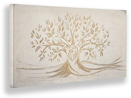 Giallobus - Quadro - 10 - Capezzale Moderno - Sacra Famiglia e Albero della Vita - Vintage - Tela Canvas Telaio Standard - 140x70 - Pronto da Appendere - Quadri Moderni per la casa