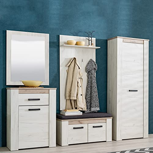 Homestyle4u 2208, Garderobe Holz Eiche Weiß Flurgarderobe Garderobenschrank Komplettset mit Sitzbank Garderobenpaneel