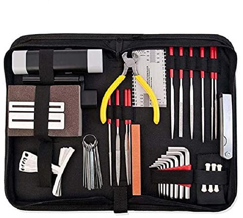 45 Stück Gitarren Reparatur Wartungs Tool Kit, 3,9x2,8x1 Zoll luthier Pflege Messung Wartung Zubehör Anpassung Polierdatei String Organizer für Ukulele Bass Banjo, Geschenk für Musiker Enthusiasten