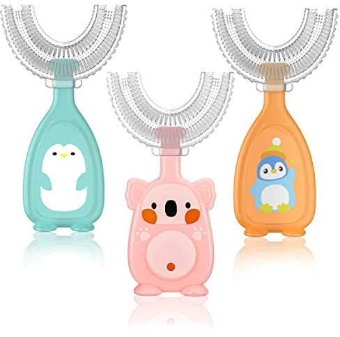 Fantasyon U-förmige Kinder-Zahnbürste, lebensmittelecht, weicher Silikon-Bürstenkopf, 360° ganzer Mund, manuelles Training, Zahnbürste für Kleinkinder und Kinder von 6–12 Jahren, Blau, Orange, Rosa, 3