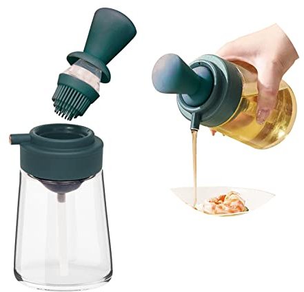 Distributeur d'huile avec brosse en silicone, verre 3 en 1 350 ml, brosse distributeur d'huile, avec brosse pour cuisson, salade, pâtisserie, barbecue, friteuse à air. (Vert)