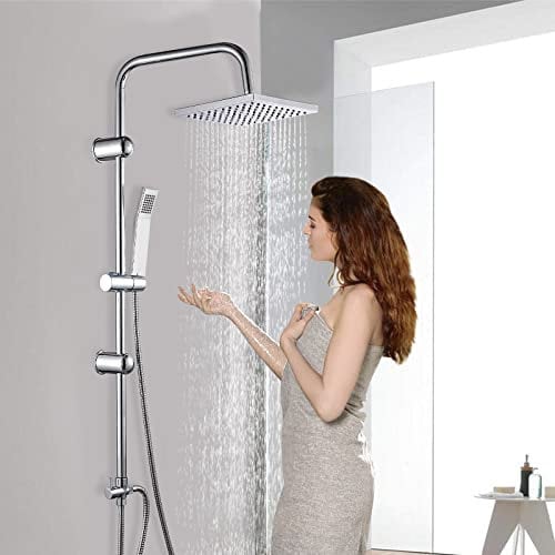 Thermostatic Shower Mixer Set for Bathroom Square Chrome Designer Rainfall Shower Head Handset Exposed Valve, Hose & Rail, Adjustable Height