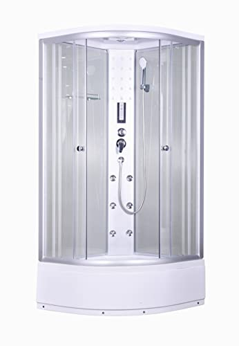 SANOTECHNIK Komplettduschkabine PR55 90×90×215 cm – All‑in‑One Komplettdusche | 5 mm ESG-Türglas, 6 Massagedüsen, Kopf‑ & Handbrause, Sitzbrausetasse 34 cm, Touch‑Radio & LED, PR55
