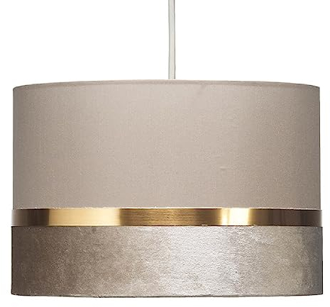 Beige Velvet & Fabric Vintage Easy Fit Drum Pendant Shade with Gold Metallic Band | 30cm Diameter (12) | None Electric Ceiling Lampshade | Fits All Lampholder Types E14 E27 B15 B22