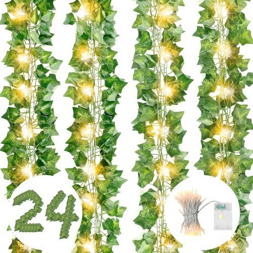 DazSpirit Künstlich Efeu Hängend Girlande 24Stück Efeugirlande Künstlich mit 10m 100 LED Lichterketten String, 50.4m Efeubusch Kunstpflanze Girlande für Hochzeit, Küche, Garten, Party Wanddekoration