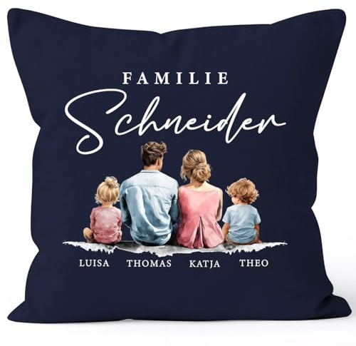 SpecialMe® Kissen-Bezug Familie personalisierbar mit Namen Figuren Eltern Kinder Haustiere Aqarell Watercolor Navy Standard