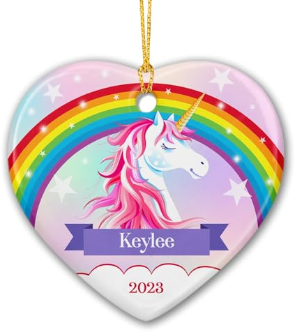 Christbaumschmuck Keramik Weihnachtsanhänger Anhänger Weihnachtsbaumschmuck Hängende Ornamente Weihnachtsdeko Personalisiertes Glitzerndes Glitzer-Einhorn 2023, Einhorn-Regenbogen, Magisches