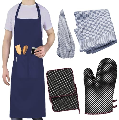 LEFUNDA® Grembiule da cucina impermeabile con 3 tasche regolabile, grembiule da barbecue con cinghie lunghe, grembiule da cucina per uomini e donne, cucina, ristorante, caffè, forno (nero), Blu (1