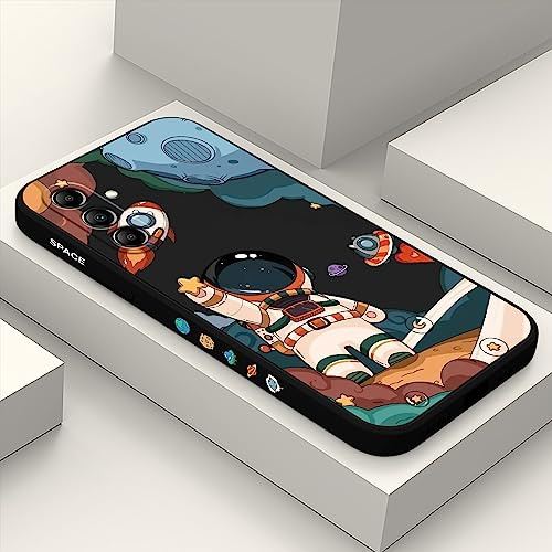 LEECG für Samsung A15 5G Hülle Blumenmuster Weiche Flüssigkeit Silikonbeflockung Schutz Innen Handyhülle für Galaxy A15 5G-Astronaut Schwarz