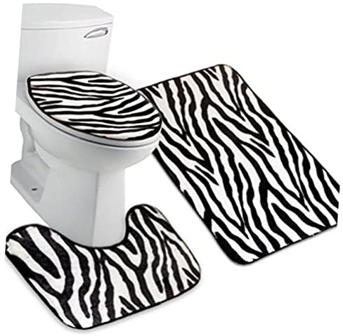 DRESSOOS 3stücke Teiliges Zebra-muster Badezimmermatten-set Rutschfeste Saugfähige Toilettenabdeckung Badteppich Für Stilvolle Wc-dekoration Waschbar Kaltem Wasser