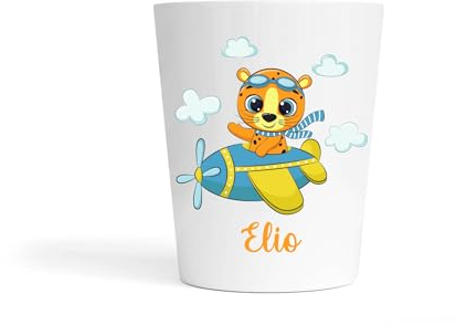 Gobelet Enfant Personnalisé Tigre Avion – Gobelet Incassable 230ml Sans BPA – Tasse Prénom École ou Crèche – Cadeau Rentrée Scolaire Garçon