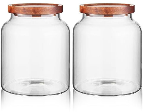 Labina Lot de 2 bocaux de conservation en verre avec couvercle en bois - Avec couvercle - Pour sucre, biscuits, spaghetti, noix et bonbons - 2 x 1800 ml