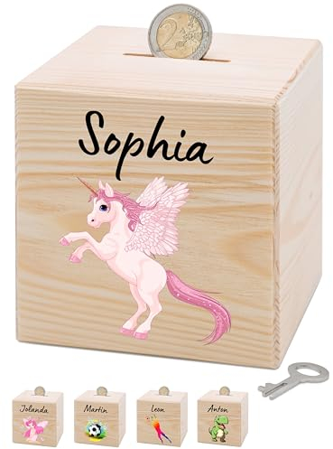 Bärenfreunde® - Personalisierte Spardose Kinder aus Holz mit Metallschloss - Spardose mit Namen mit kinderfreundlichem UV-Druck zum Sparen für Kinderträume (Einhorn rosa)