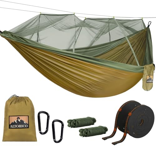 Hamaca Camping con Mosquitero, Hammock de Viaje Doble Portátil 300 x 200 cm Súper Ligero Material, 300kg Capacidad de Carga Paracaídas de Nailon Transpirable, Hamaca Colgante Secado Rápido, Verde2