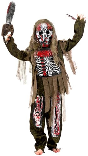 YOMIQIU Halloween Zombie Kostüm Kinder: Gruseliges Skelett Zombie Kostüm Kinder Set, Lebende Toten Kostüm mit Spielzeugkettensäge für Halloween Cosplay Kostümpartys, Rollenspiele, Themenpartys (M)