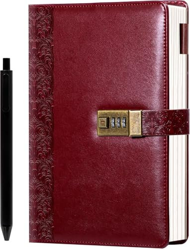 CAGIE Vintage Tagebuch mit Schloss 256 Seiten Leder-Tagebuch mit Schlossrückenprägung Hardcover verschlossenes Journal mit Stift, 7 x 9 Zoll verschließbares Journal für Erwachsene Frauen Männer, Rot