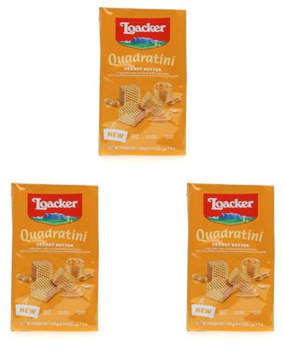 Loacker Quadratini Peanut Butter, Fragranti Cialde di Wafer con Deliziosa Crema al Burro d'Arachidi, Merenda e Snack, Confezione da 375g