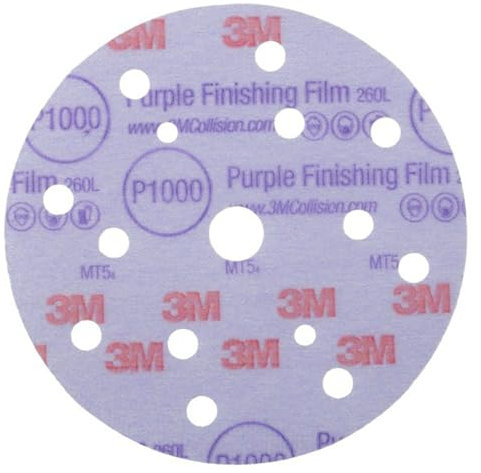 3M Hookit Purple Finishing Film Discs, Dust Free, Aluminium Oxide Abrasive, For Automotive Sanding, P1000 Box of 50