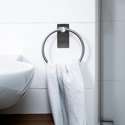 ELMOWO - Premium Edelstahl Handtuchring ohne Bohren selbstklebend inkl. Spezialkleber (extrem sicherer Halt) Handtuchhalter Ring für Bad/Toilette - Elegante Handtuchhalterung rund zum Kleben (Silber)
