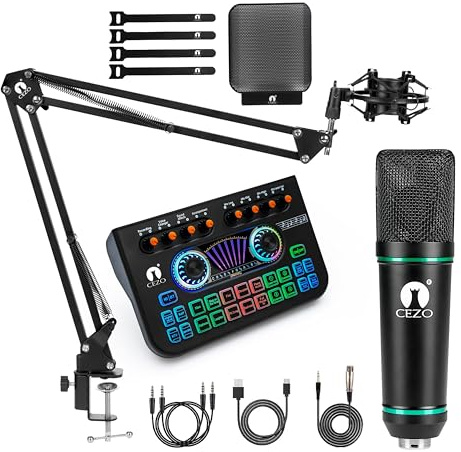 CEZO Professional Condenser Microphone with X3 Sound Card | Condeser Mic Set with Compact Microphone Pop Shield |Live Sound Card| Boom Arm Stand| Shock Mount for Recording Podcasting & Live Streaming