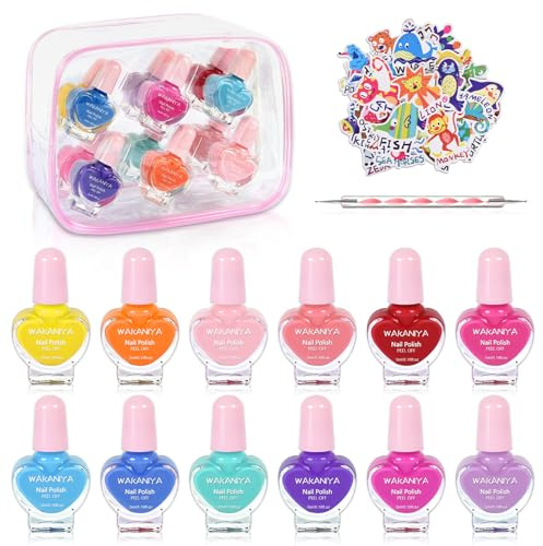 wakaniya 12 Farbiger Nagellack Set für Kinder, kinder Nagellack Mädchen Ungiftig, Peel Off Kindernagellack Kommt Mit DIY-Aufklebern, Nagelstudio Kinder Mädchen Mit PVC-Tasche