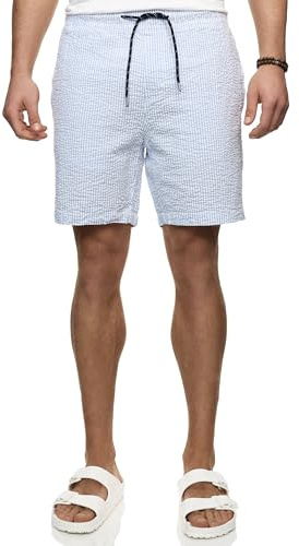 Indicode Herren INAlizzo Shorts Sommershorts aus Seersucker mit Kordelzug | Leichte Seersucker Shorts mit gestreifter Optik, kurze Hose, Herrenshorts, Strandshorts, Freizeithose, Sommerhose für Männer