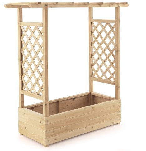 GiantexUK Raised Garden Bed with Arch Trellis, Wooden Garden Planter Box with Drainage Holes, Climbing Plants Vines Vegetables Herbs Flower Pots Grow Box for Patio Backyard (Natural, 110x44x113cm)