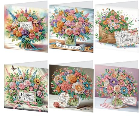 JISHSHAY 6 Stück Diamond Painting Grußkarten Blumen Diamant Painting Geburtstagskarten Blumen Diamantmalerei Karte Geburtstag Diamant Malerei Glückwunschkarten Diamaond Malerei Happy Birthday Card