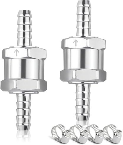 2 Stück Kraftstoff Rückschlagventil, 10MM Aluminium Ventil Rückschlagventil mit 4er Schlauchschelle, für Benzin Wasser Chrom Auto Auto Niederdrucksystem