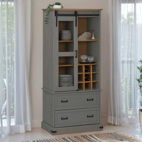 WKIEQACO HALDEN - Gabinete de vino con estantes para vino y puerta corredera, gabinetes de pino gris y armarios de almacenamiento para vino y licores