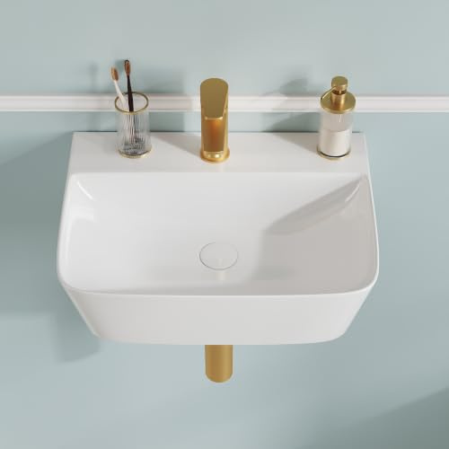 DeerValley Petit Lavabo invité wc mural, Vasque rectangulaire en céramique, Blanc moderne, Installation murale ou sur plan, Sans trop-plein, Avec trou pour robinet, 41×32×12 cm