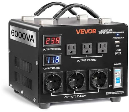 VEVOR Trasformatore Convertitore di Tensione Automatico, 6000 VA, Trasformatore Abbassatore ed Elevatore, 110 V e 220 V, con 3 Prese USA, 3 Prese UE, Display LCD, Protezione Interruttore Automatico